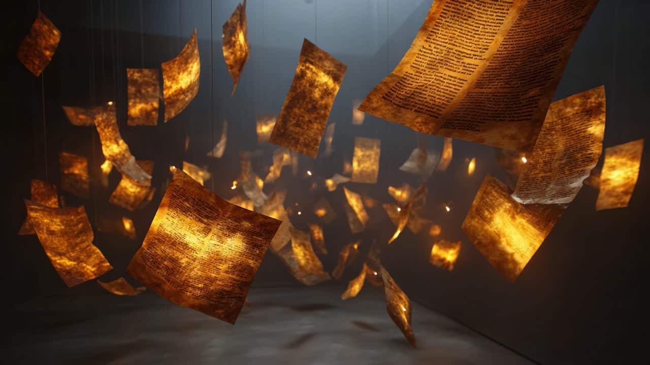 Mystical art installation featuring old illuminated pages of a mysterious manuscript hanging by thin threads in a dark, atmospheric room, symbolizing history, knowledge, and arcane secrets