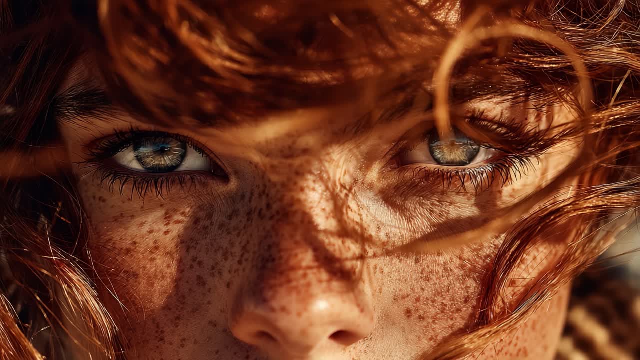 A Close-Up Portrait Capturing the Intensity of Mesmerizing Eyes Framed by Cascading Curls and Freckles, Evoking Emotion and Connection in Every Glance