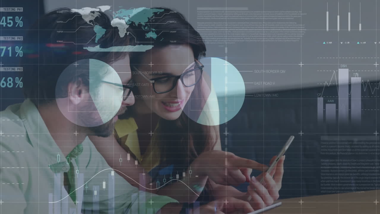 animación del procesamiento de datos estadísticos sobre colegas caucásicos masculinos y femeninos discutiendo.