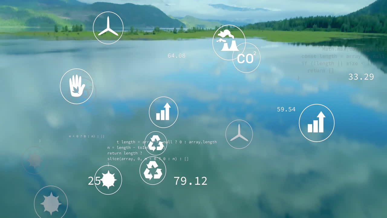 Calm lake reflecting sky floating environmental data icons with code overlays rendering in 3D