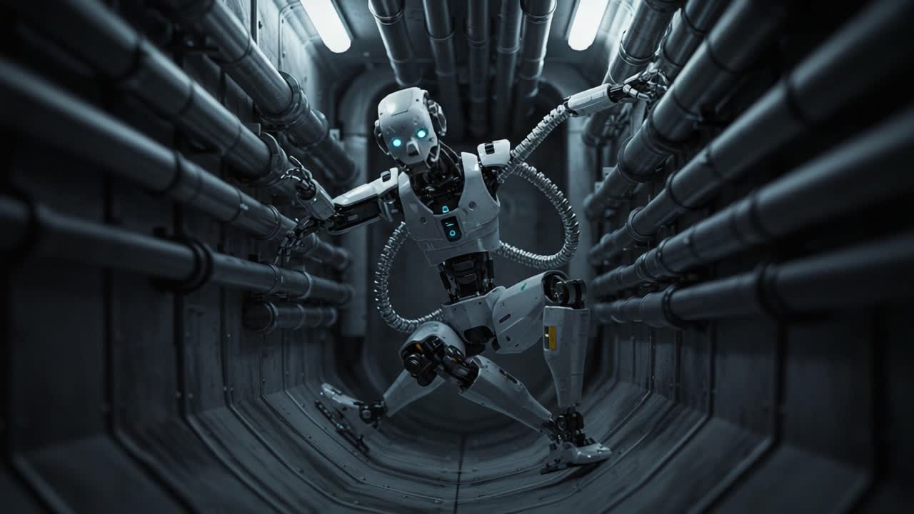 Exploring the Futuristic World of Robotics: A Cyborg Navigating Through Industrial Pipes in a High-Tech Environment with LED Lights and Mechanized Joints