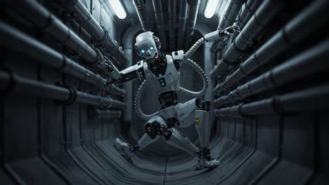exploring the futuristic world of robotics: a cyborg navigating through industrial pipes in a high-tech environment with led lights and mechanized joints