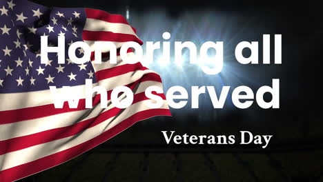 animation of honoring all who served veterans day text over flag of usa