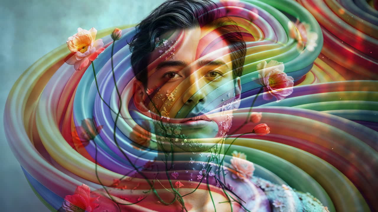 Surreal Portrait with Rainbow Swirls and Floral Elements