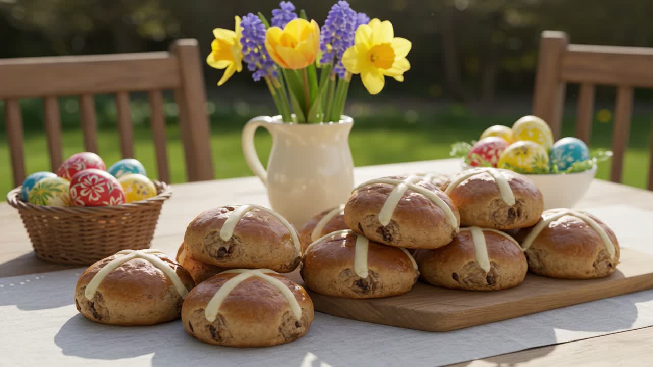 A Beautiful Spring Table Setting Featuring Freshly Baked Hot Cross Buns, Colorful Easter Eggs, and Vibrant Flowers Displayed in a Sunny Outdoor Setting