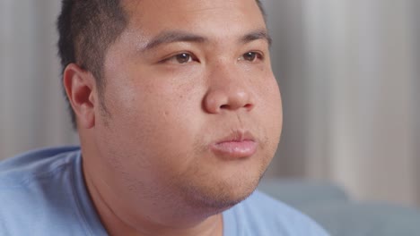 close up of a fat asian man having french fries with ketchup eating fast food in the living room at home