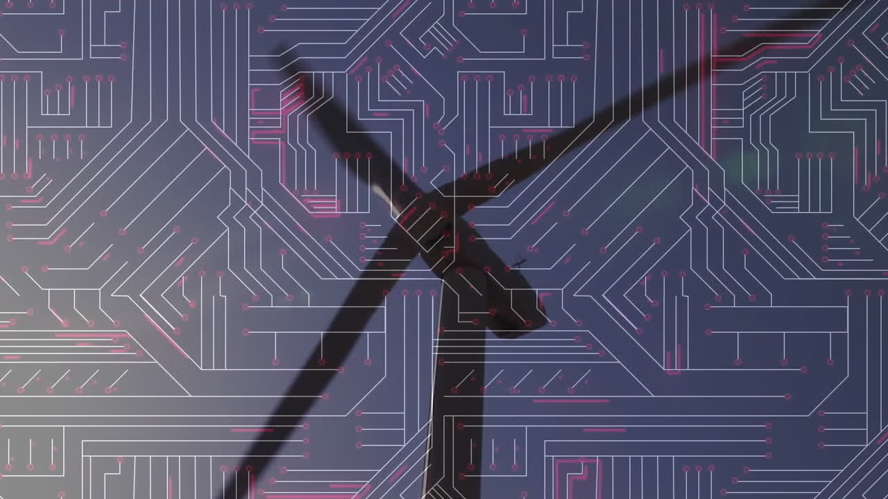 Wind turbine silhouette spinning against dark blue digital circuit pattern with glowing pink nodes