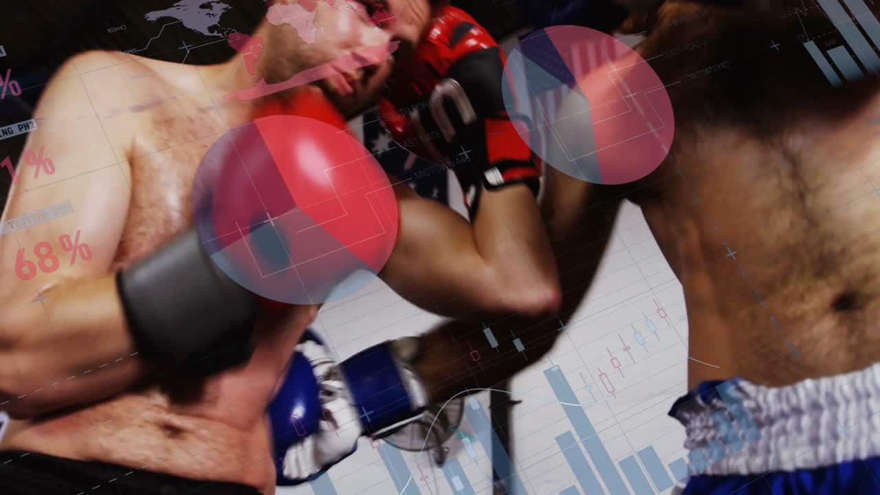 Mid adult male boxers sparring in boxing gym, showcasing fitness tech with chart-map overlays