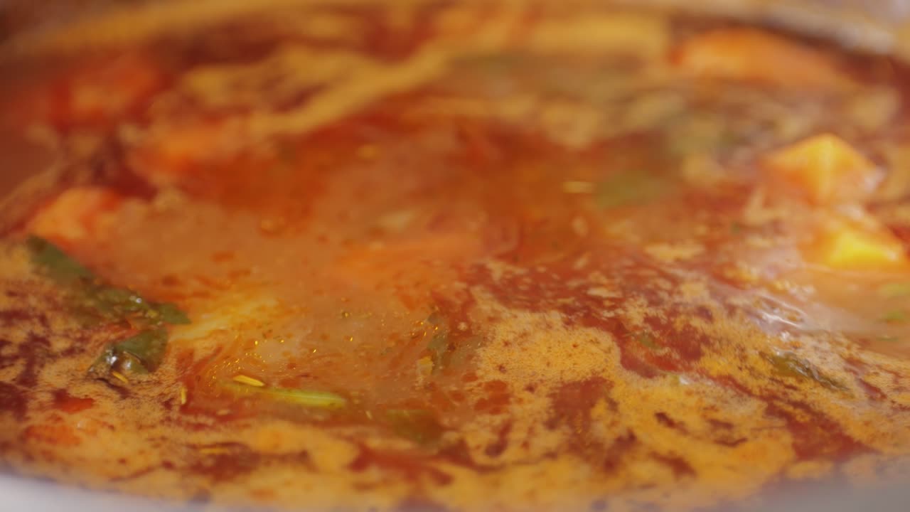 Hungarian goulash soup bograch close-up on the table. horizontal . High quality 4k footage