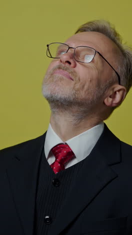 portrait of a senior businessman. grey-haired mature man with glasses in elegant costume on yellow studio background. vertical video