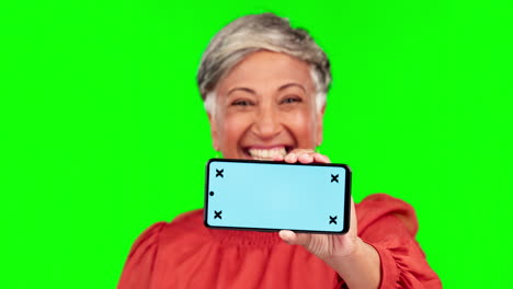 phone, mockup and hand of a woman on green screen