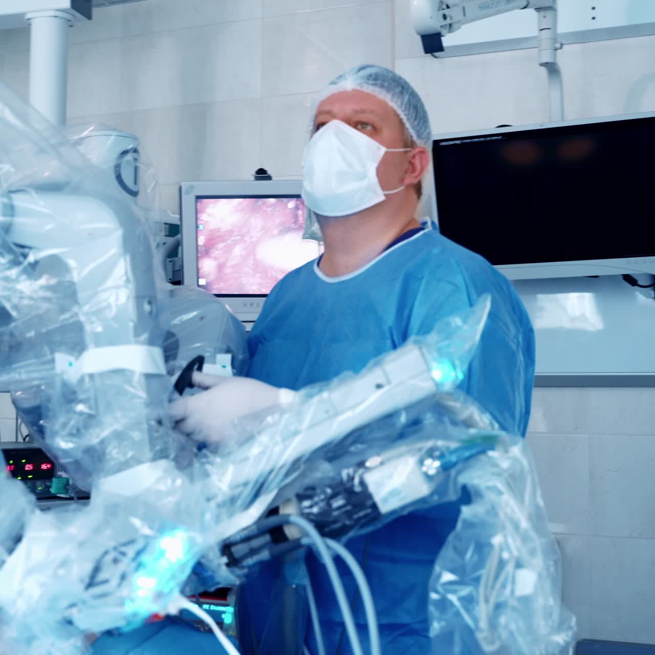 Surgical robot perform an operation. Surgeon in medical uniform looking at the screen during the operating process. New technologies in medicine.