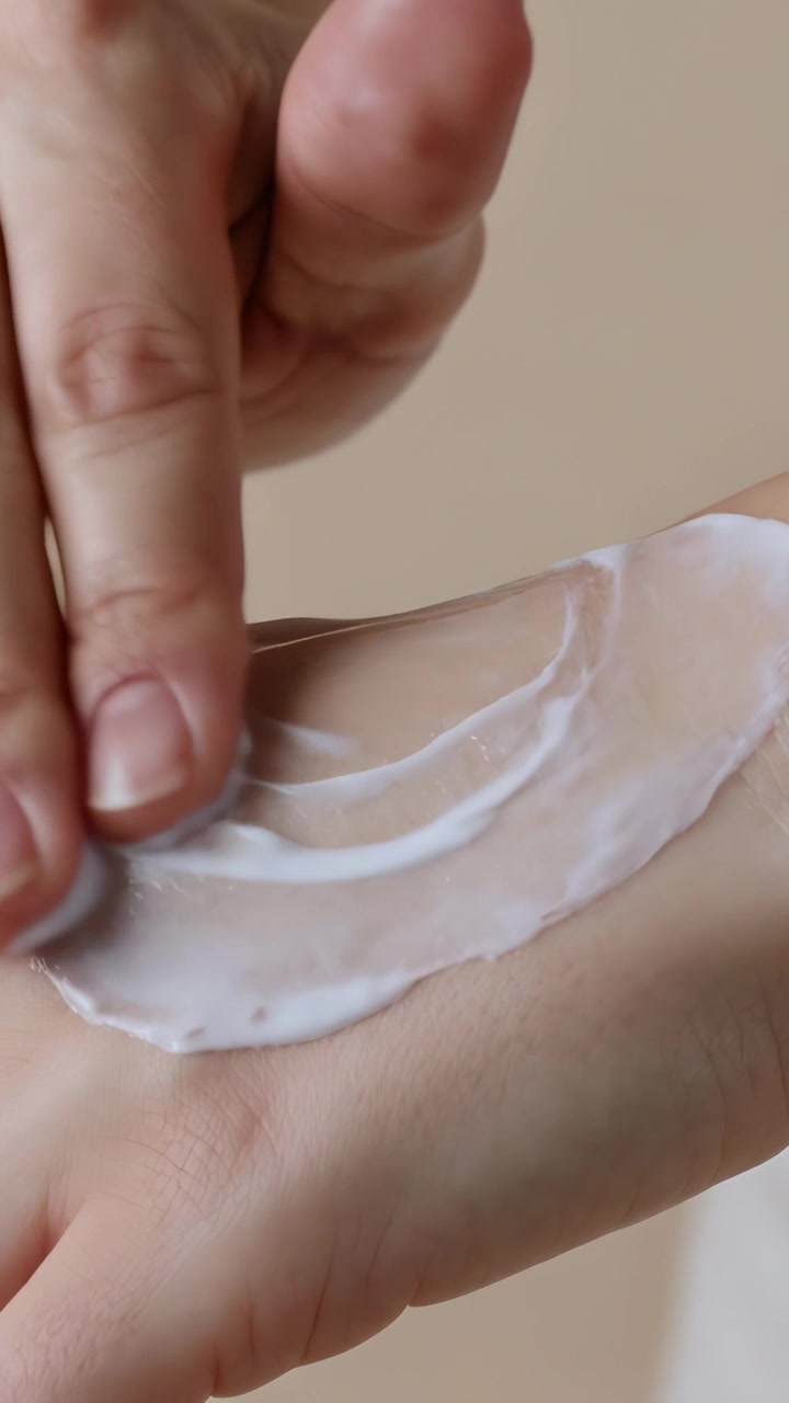 Video vertical: Una porción de crema cayendo, mano izquierda aplicando crema blanca a la mano derecha en una demostración en el set, brazos descubiertos.