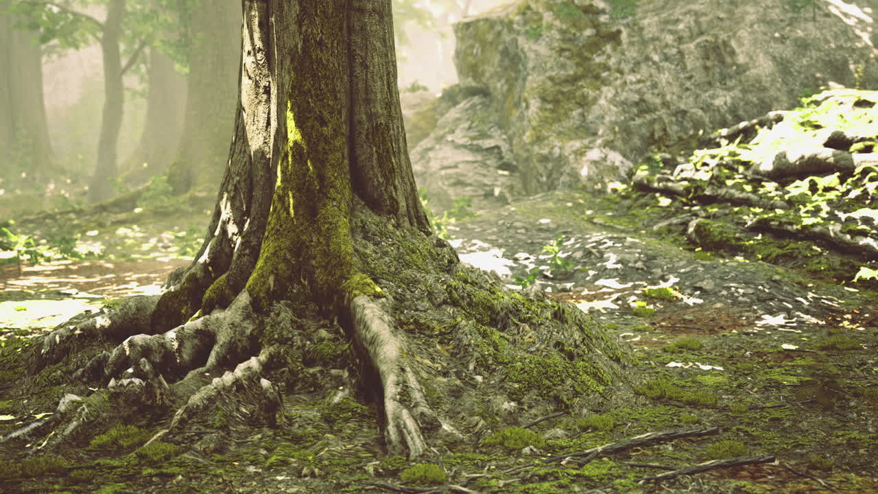 Majestic tree roots emerge from the forest floor in morning light