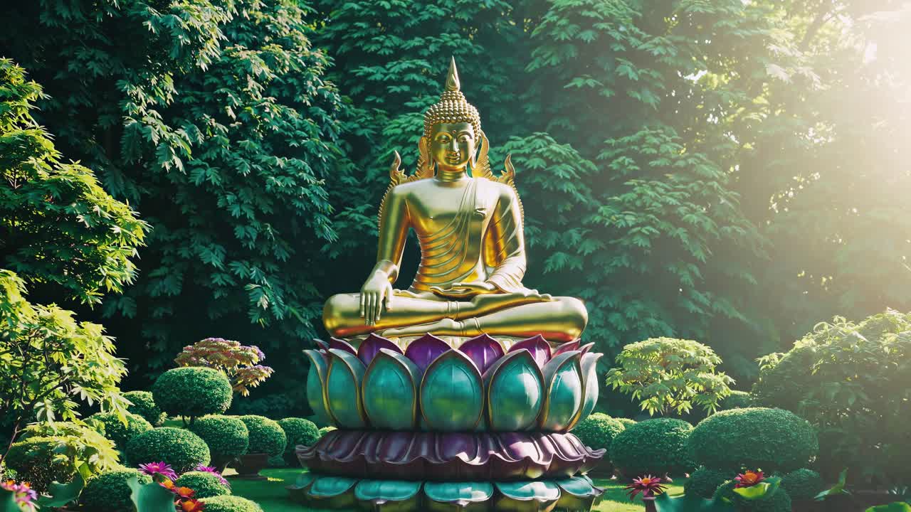 Una scena video serena di una statua dorata del Buddha su un loto, circondata da una vegetazione lussureggiante