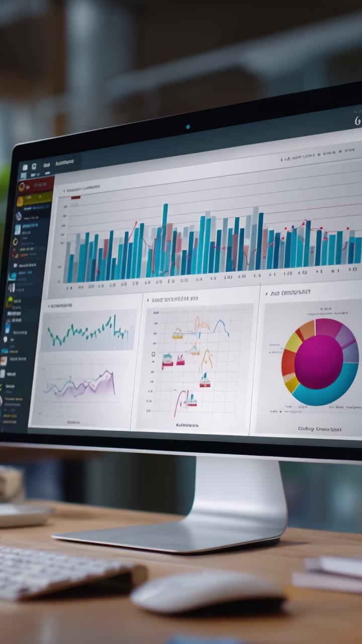 Omfattende datadashbord med fargerike grafer og diagrammer vist på en moderne dataskjerm i et kontormiljø for detaljert analyse