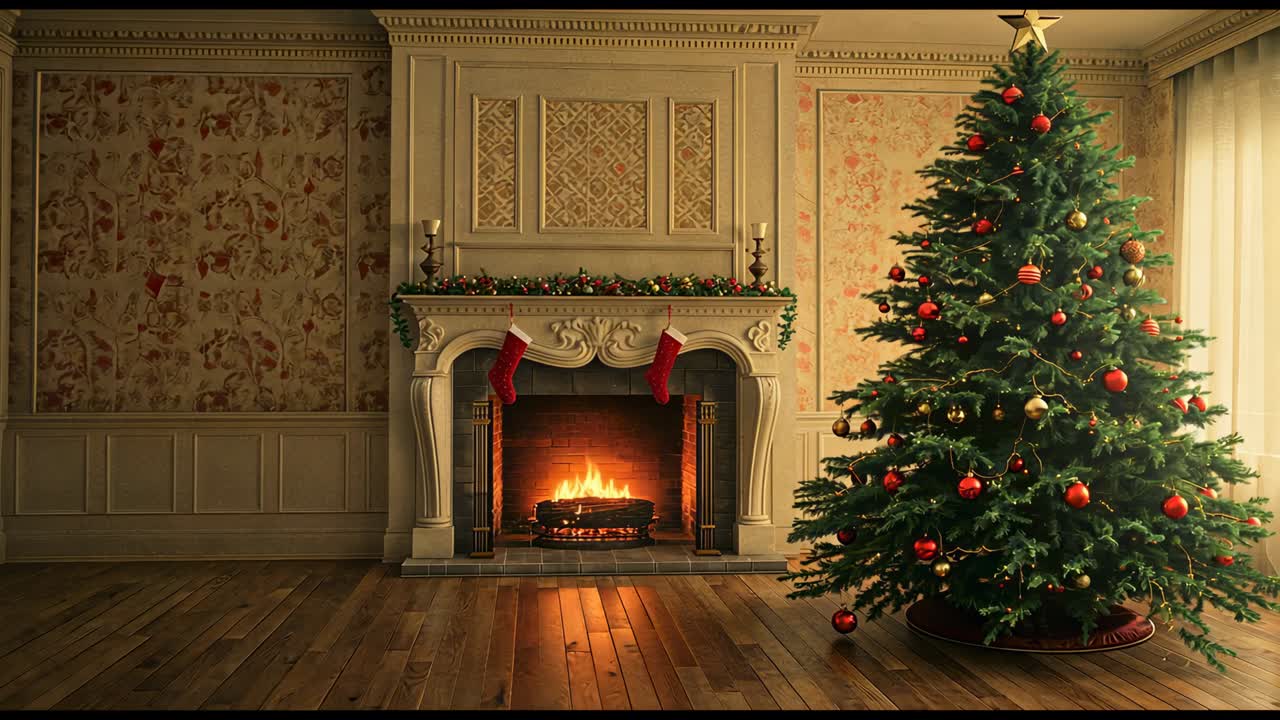 Lighting fireplace causing flickering flames across living room with Christmas tree reflecting glow