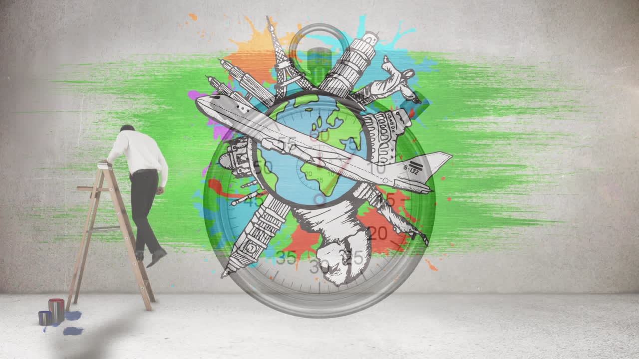 아이콘 과 사업가 가 스 ⁇  워치 위 에 있는 사다리 위 에 있는 지구촌 의 애니메이션