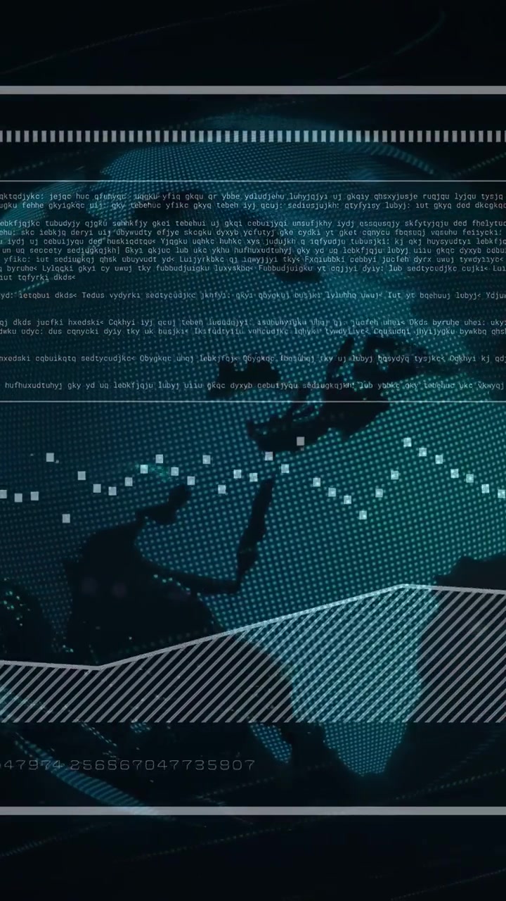 Vertical video: Dot matrix becoming teal globe, sending markers, scrolling text, tracing tech band