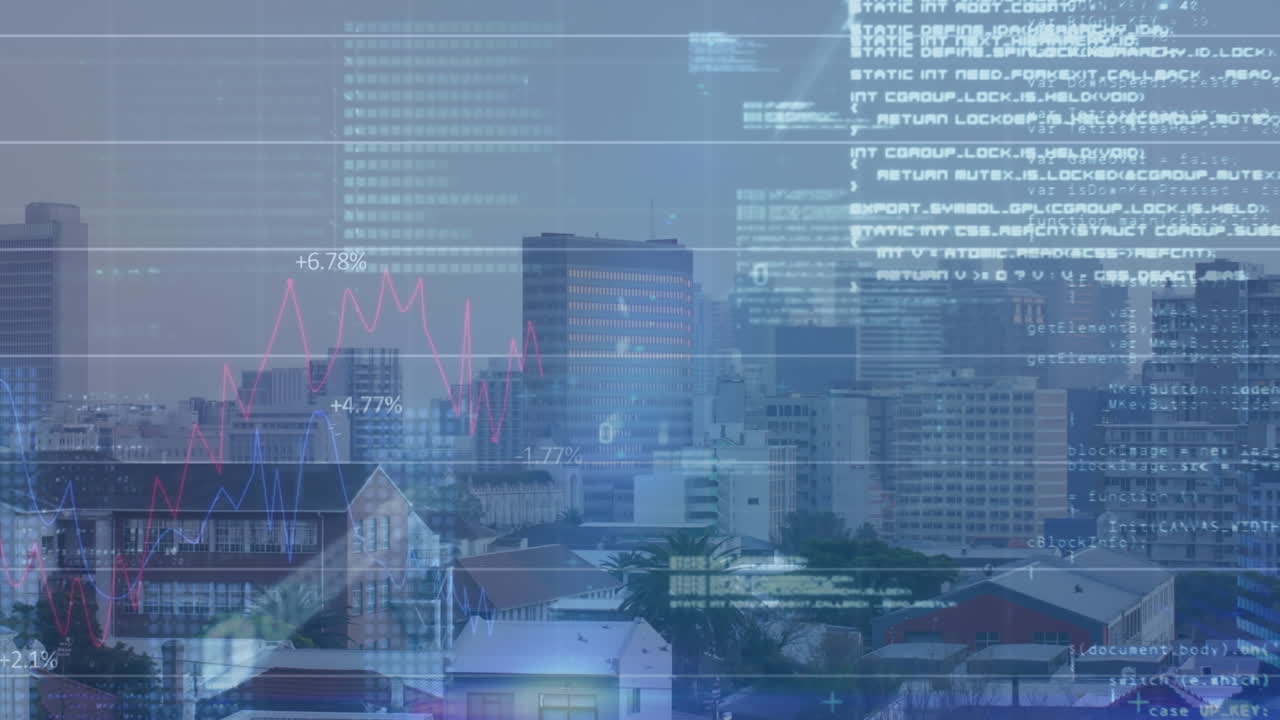 animación de gráficos con números cambiantes, códigos binarios, lenguaje informático sobre la ciudad moderna