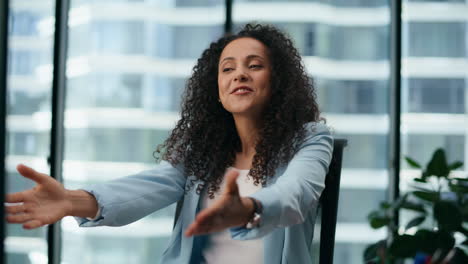 businesswoman sharing professional experience on office video chat close up.