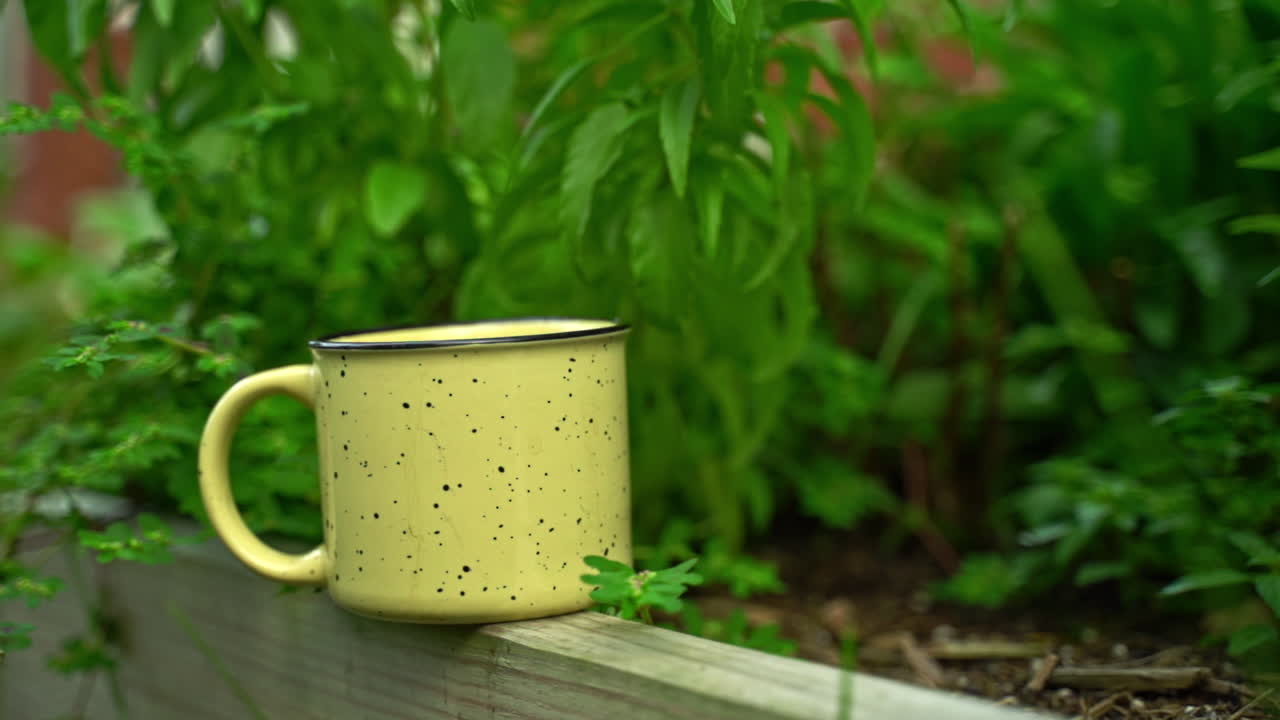 vieja taza de café sentada al lado del jardín