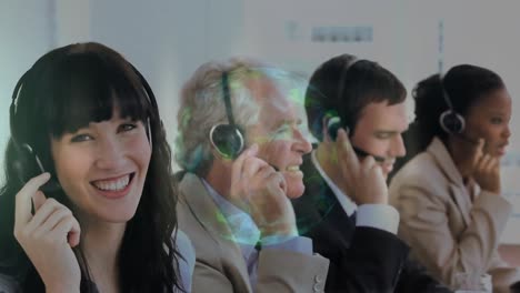 animation of globe and connections over diverse business people using phone headsets