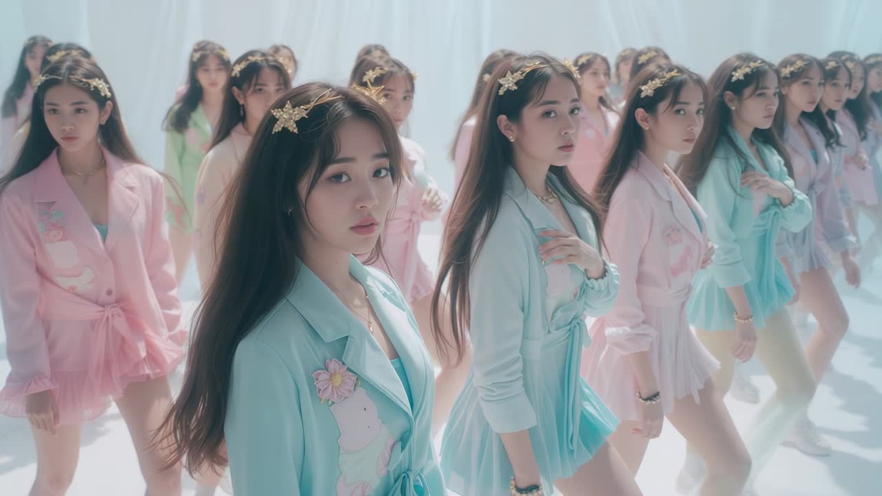 Dollying camera revealing performer touching chest exposing pastel chorus on set, with star clips