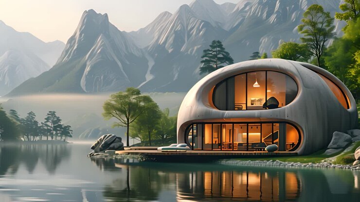 Moderne futuristisk hus ved en sø med bjerglandskab