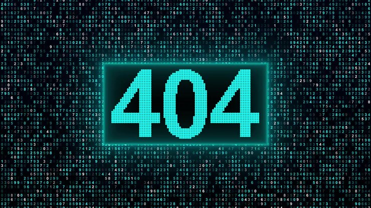 Digital 404 Error Message on Background of Scrolling Binary Code