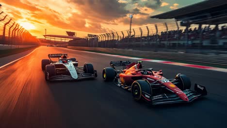 formula 1 racing cars at sunset on the track