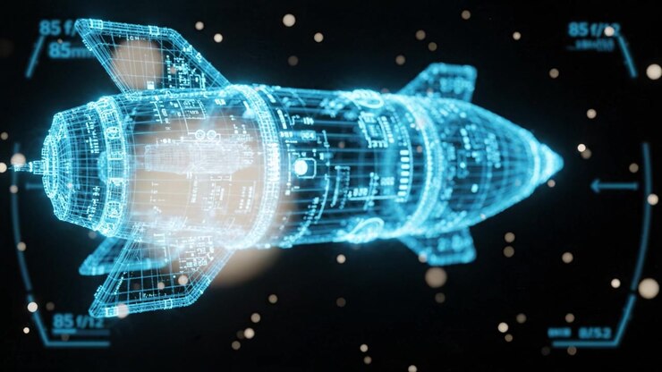 High-Tech Model of a Spacecraft with Transparent Design and Holographic Elements, Showcasing Advanced Engineering and Futuristic Technology in Space Exploration