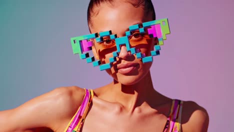 woman wearing pixelated sunglasses