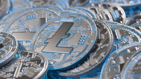 Nahaufnahme-Eines-Goldenen-Litecoin-Stapels.-Generische-Kryptowährungsmünzen-Liegen-Auf-Einem-Großen-Haufen-In-Einer-Endlosschleife.-Konzept-Von-Reichtum,-Erfolg,-Technologie,-Zukunft,-Finanzen,-Digitalem,-Virtuellem-Geld-LTC.