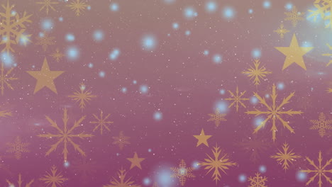 animación de nieve cayendo sobre copos de nieve y estrellas sobre fondo rojo