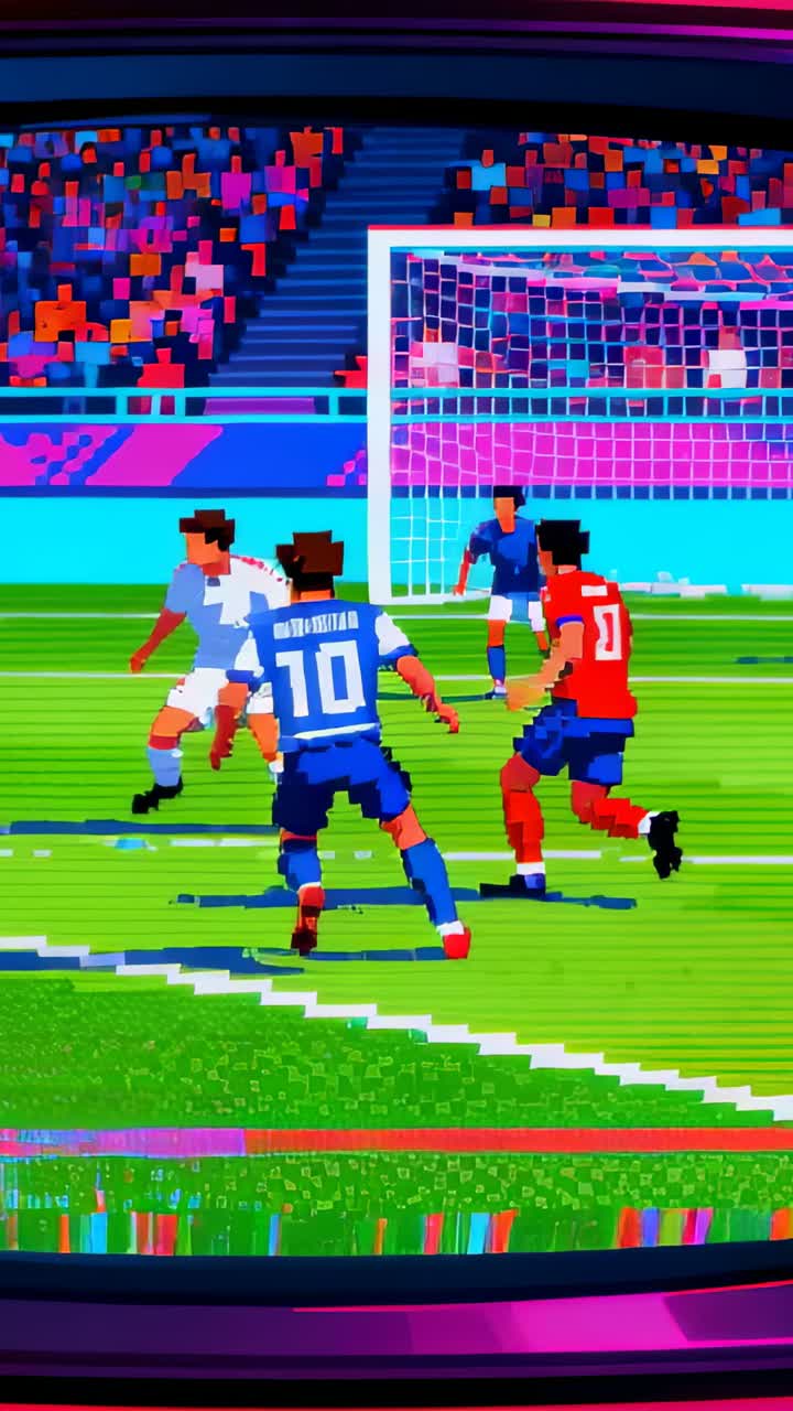 Vídeo vertical: O número 7 vermelho chutando a bola para o gol em campo de pixels, enquanto jogadores correm para marcar.