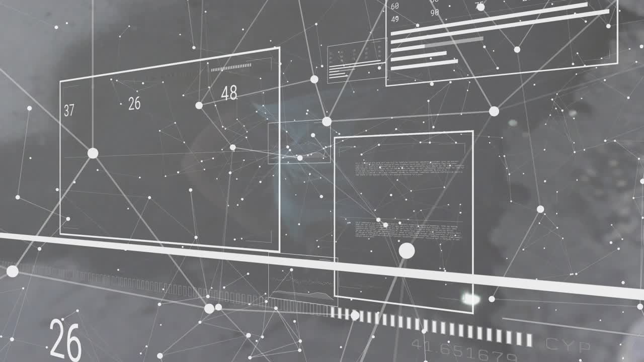 Matrix HUD panel updating grid and numeric labels while drifting node network initiating analytics