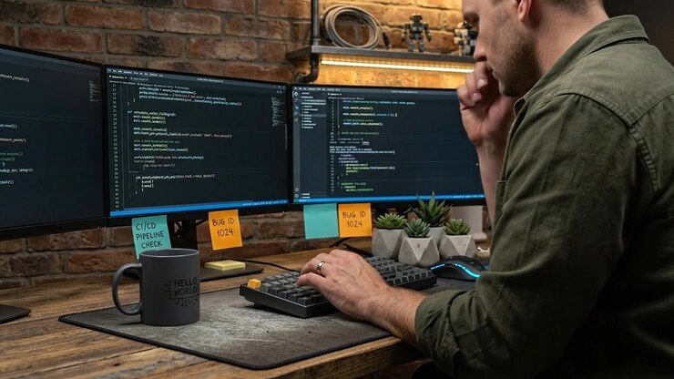 Programmer Coding on Multiple Monitors in Modern Technology Workspace