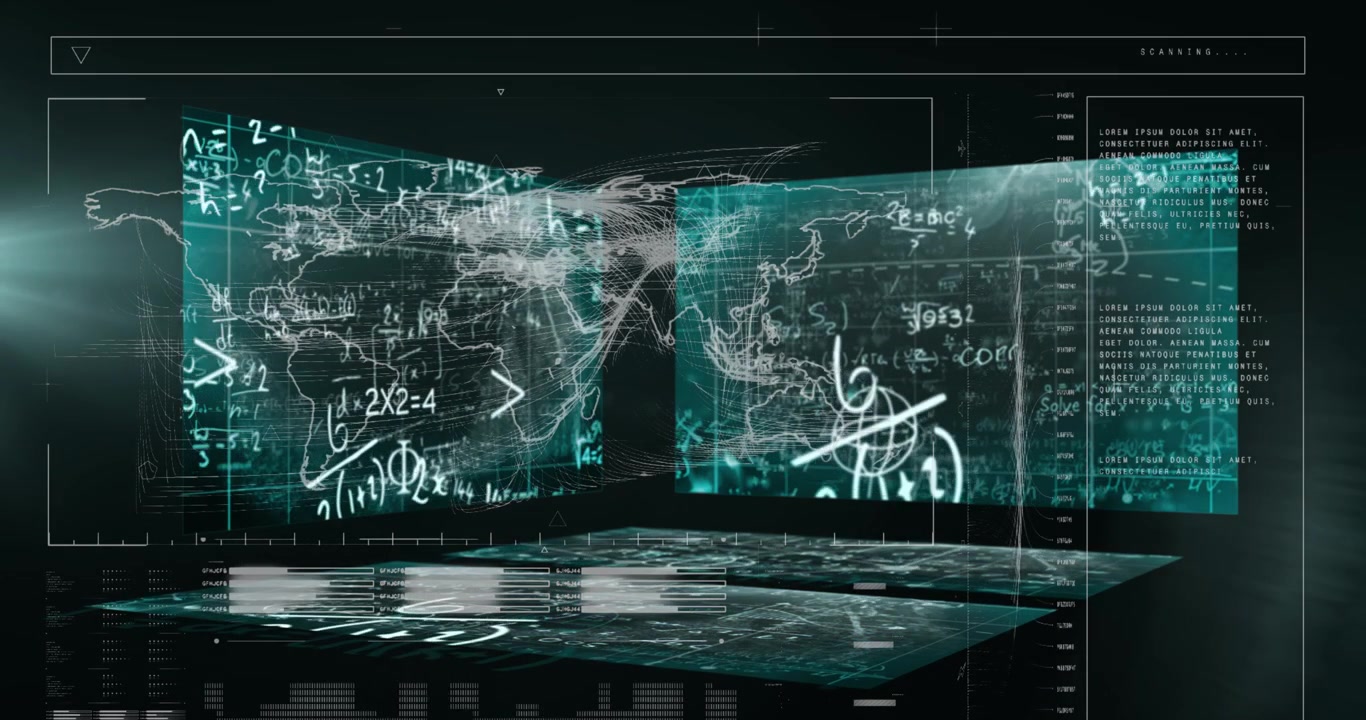 Digital World Map with Floating Mathematical Equations and Data Interface
