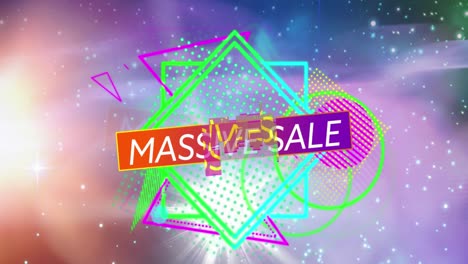 Animation-of-massive-sale-text-on-red-to-purple-banner-over-vibrant-geometric-shapes