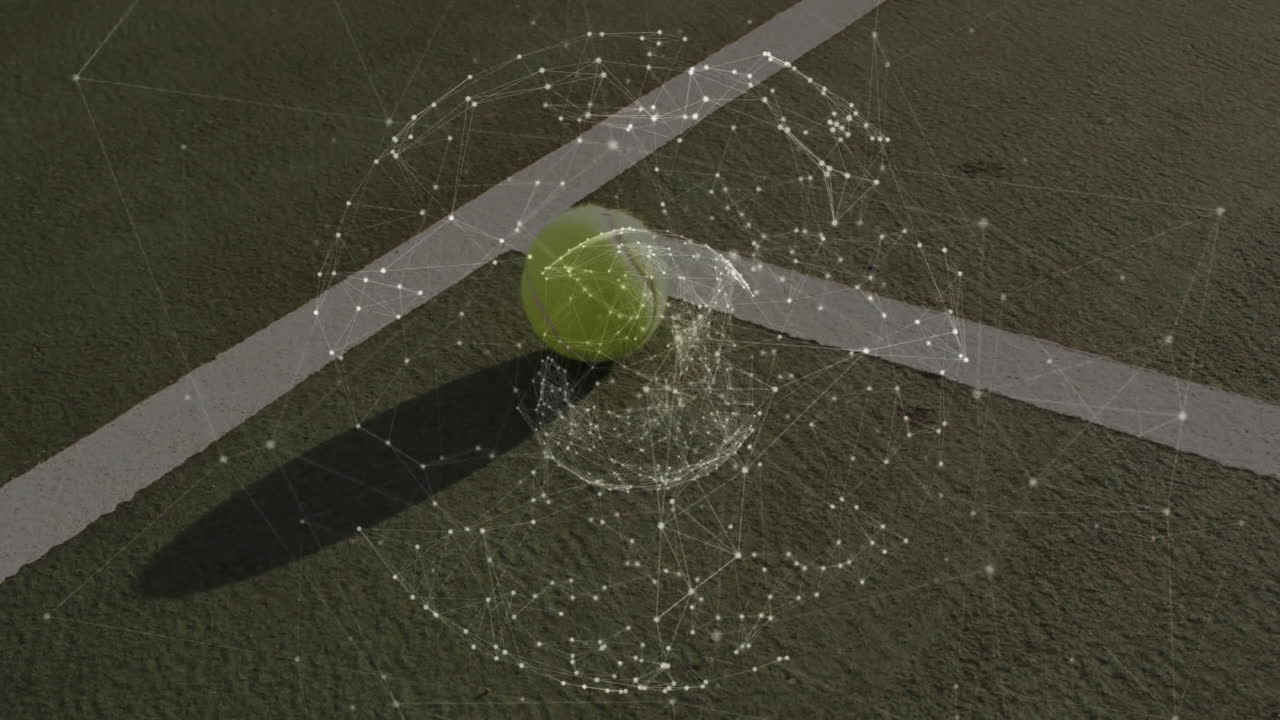 Tennis ball being rendered on green hardcourt, with digital network overlay in 3D illustration