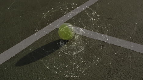 tennis ball being rendered on green hardcourt, with digital network overlay in 3d illustration