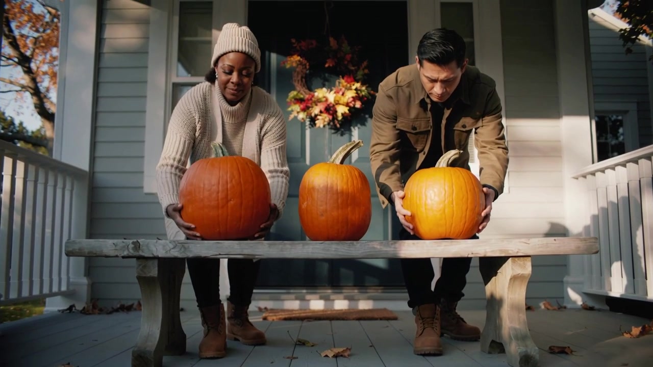 Stepping onto porch, couple wearing beanie carrying pumpkins, placing on bench, decorating for fall