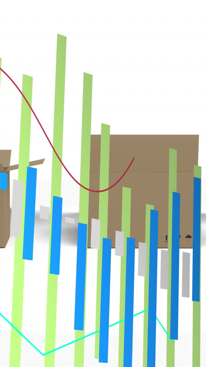 animación del procesamiento estadístico sobre cajas de cartón sobre fondo blanco