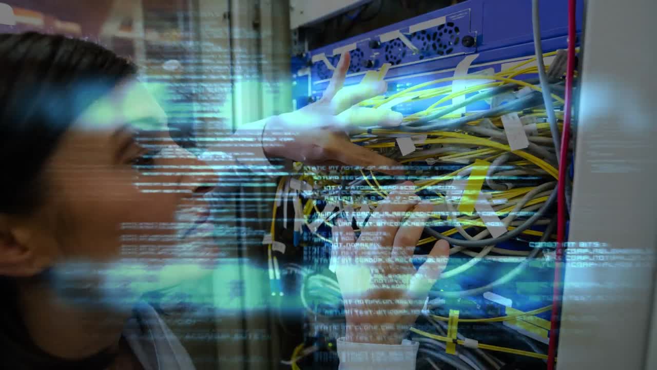 Animation of data processing over biracial woman connecting wires at server