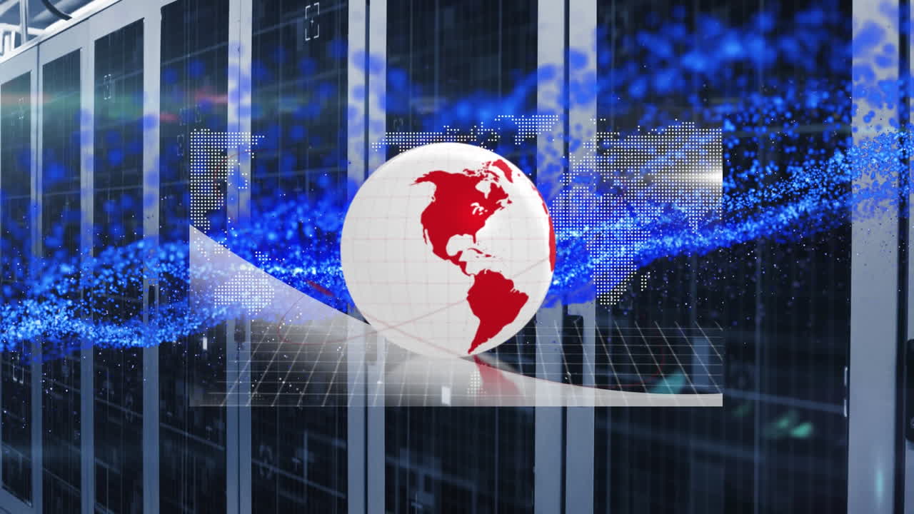 컴퓨터 서버에서 블루 메쉬로 지구 회전과 데이터 처리의 애니메이션