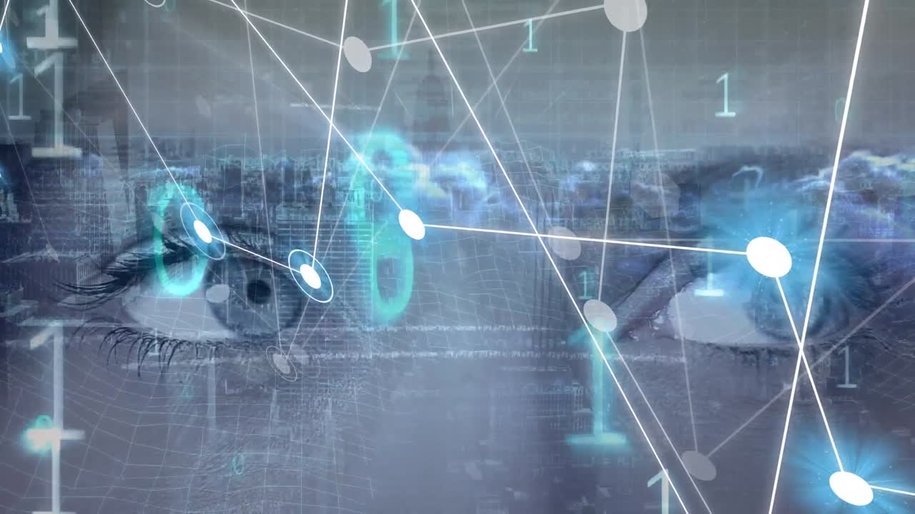 animazione di codici binari, punti collegati, nubi dense e città moderna, occhi di una donna caucasica