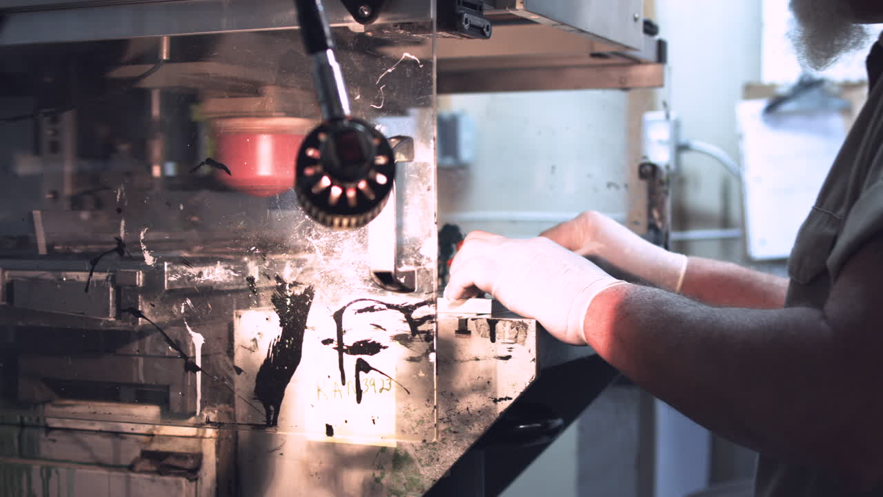 Laborer operates an ink press machine in a manufacturing facility stabilized slider shot