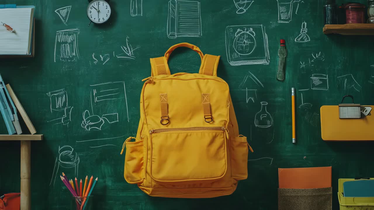 Yellow Backpack on a Green Chalkboard with School Supplies