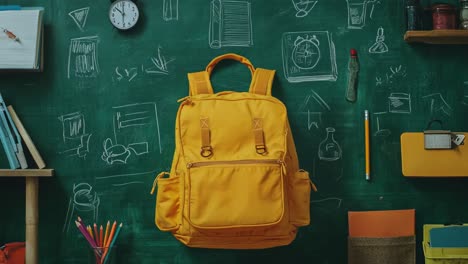 yellow backpack on a green chalkboard with school supplies